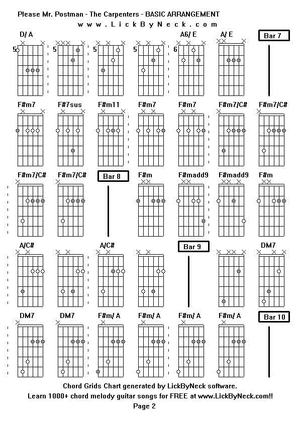 Chord Grids Chart of chord melody fingerstyle guitar song-Please Mr Postman - The Carpenters - BASIC ARRANGEMENT,generated by LickByNeck software.